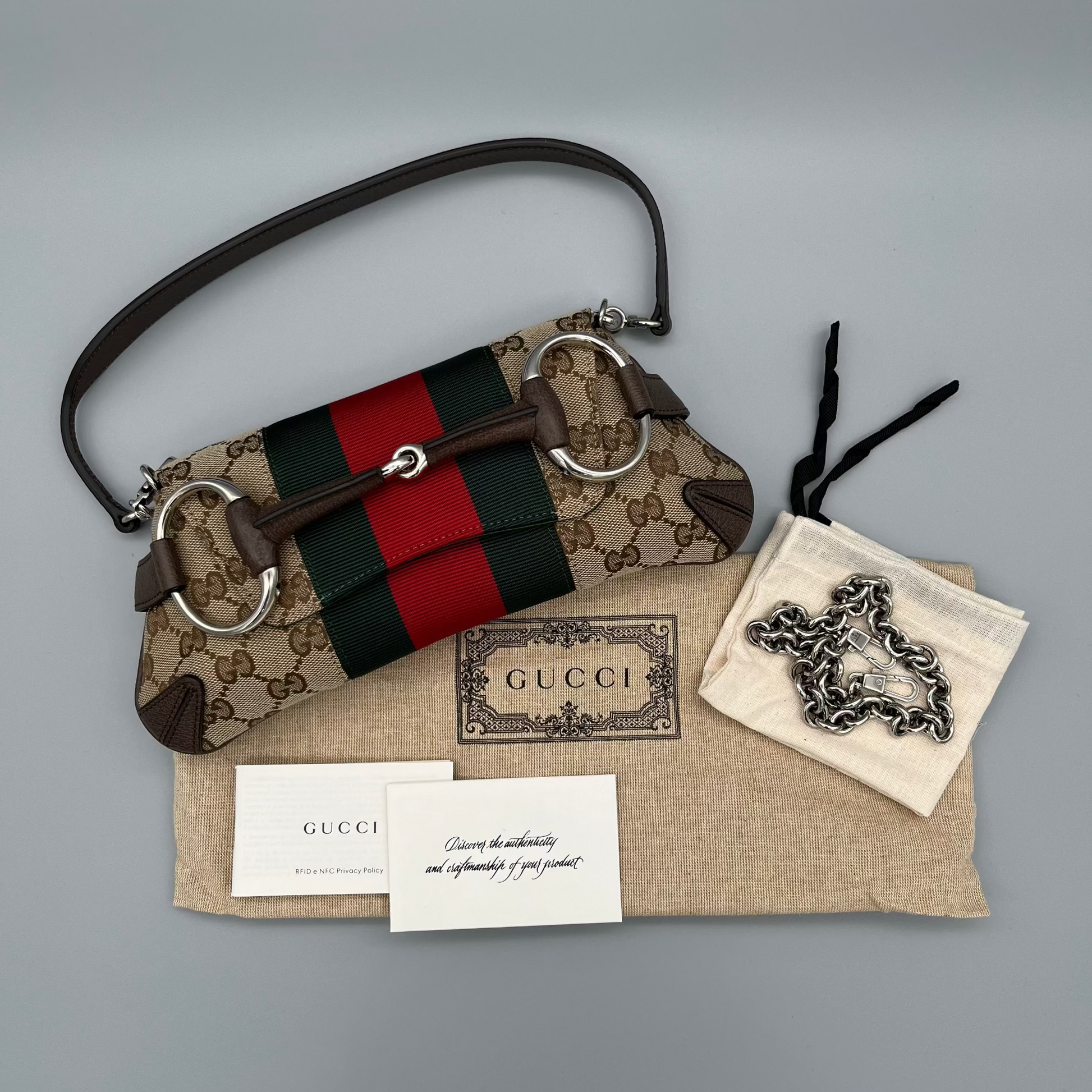 Designer-Handtasche Gucci GG Canvas Horsebit Chain – Luxus Tasche Beige Braun einzelstck