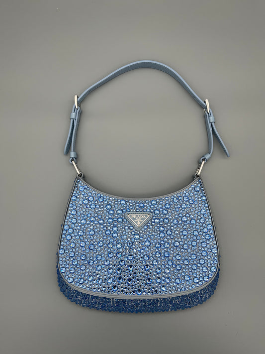 Prada Cleo Blau mit Kristallen, Luxushandtasche, Neu, Handtasche, Glitzer